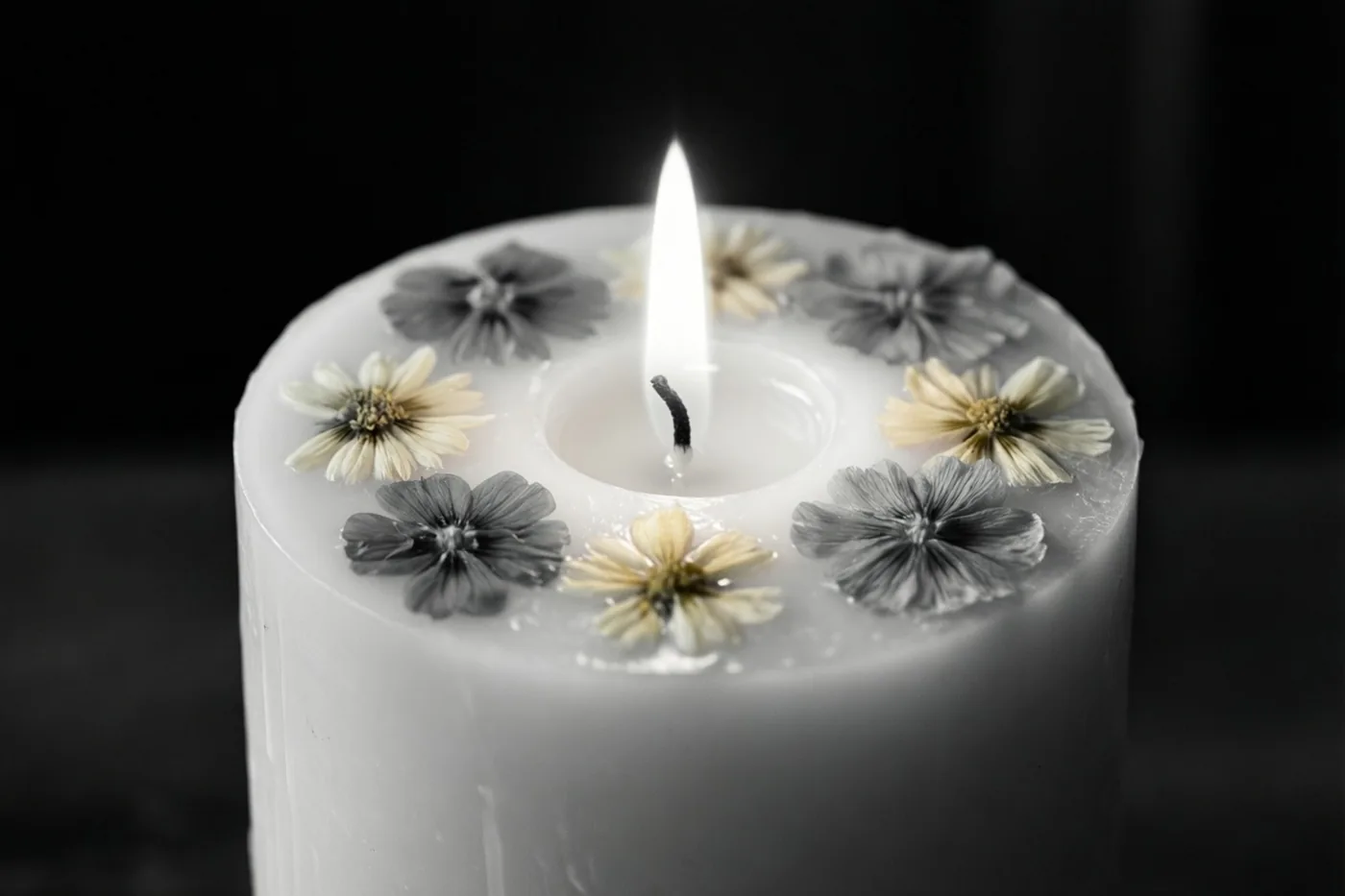 Een brandende witte kaars met geperste bloemen in de was is van dichtbij te zien tegen een donkere achtergrond.