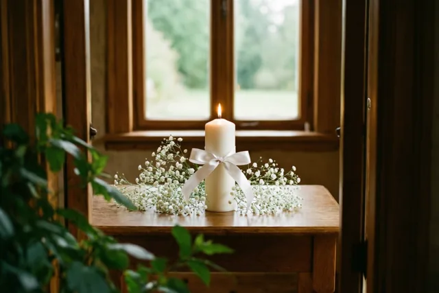 Een brandende witte doopkaars met een satijnen lint staat op een houten tafel tussen gipskruid, bij een raam met een houten kozijn en uitzicht op groen.