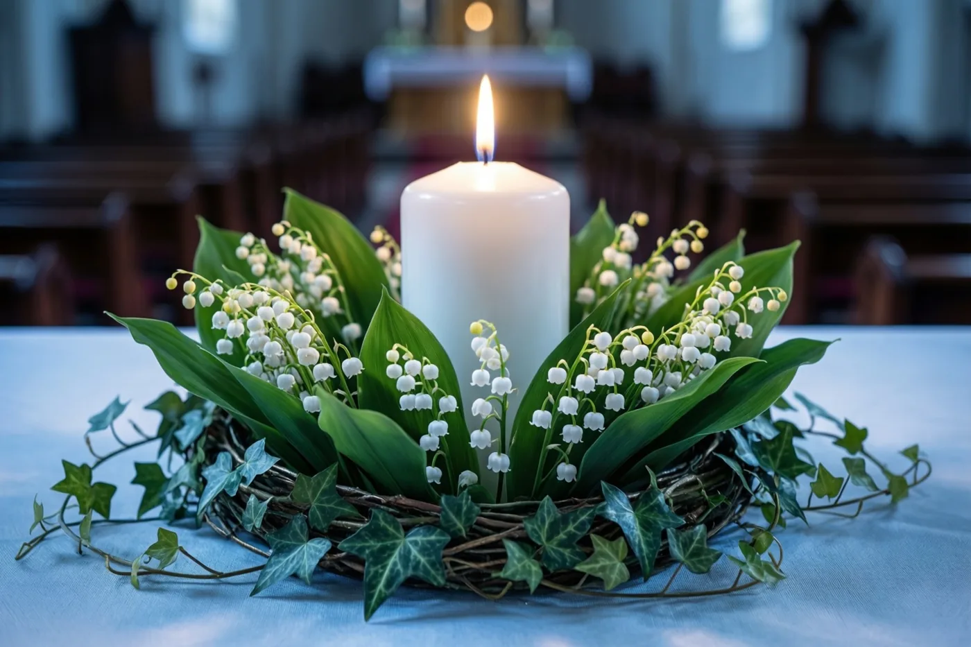 Een witte doopkaars brandt helder tussen een krans van meiklokjes en afhangende klimop op een kerktafel, met houten banken op de achtergrond.