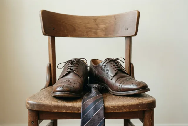 Bruine leren brogues en een gestreepte das liggen op een houten stoel tegen een effen lichte muur.