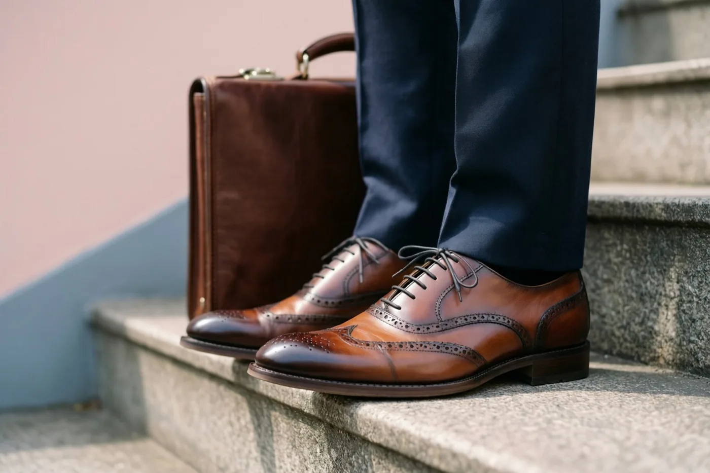 Een detailbeeld toont de gepoetste bruine brogues van een persoon en een bijpassende leren aktetas op stenen treden bij een lichtroze muur, in zacht ochtendlicht.