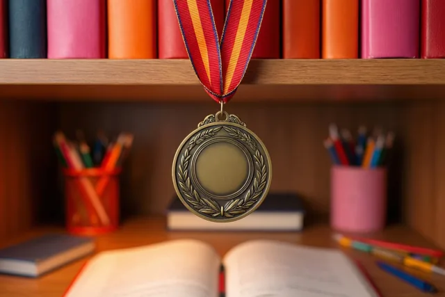 Een bronzen medaille aan een rood, geel en blauw lint hangt aan een houten boekenrek boven een open boek op een bureau met kleurrijke boeken en potloodhouders.