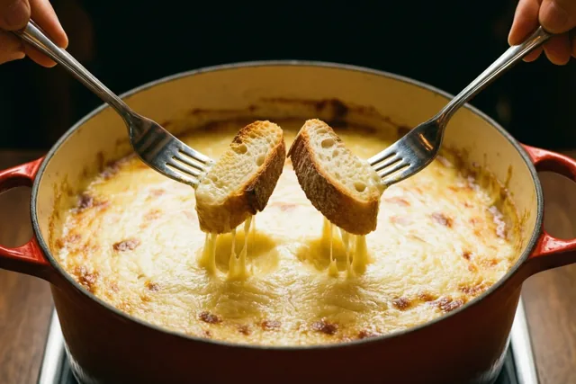 Twee handen dippen met vorken sneetjes brood in borrelende kaasfondue in een rode pot, in warm goudkleurig en rood licht.