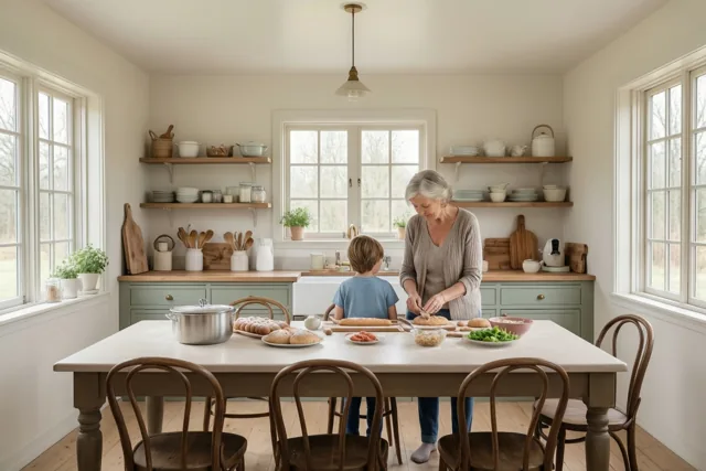 Een oma en een jong kind bereiden brood aan een lange houten tafel in een lichte landelijke keuken met grijsgroene kasten.