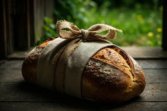 Een zelfgebakken brood in linnen met een juten strik ligt op donker hout, met door een open deur een onscherpe groene tuin in beeld.