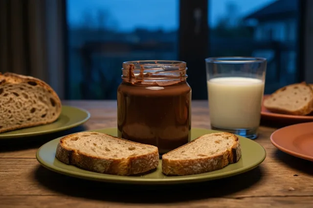 Een pot choco, twee sneetjes brood op een groen bord en een glas melk staan op een houten tafel voor een raam met een schemerig blauw uitzicht.
