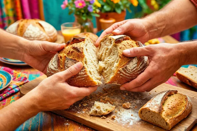 Verschillende handen breken een brood open op een houten snijplank aan een kleurrijk gedekte tafel met bloemenpatronen.