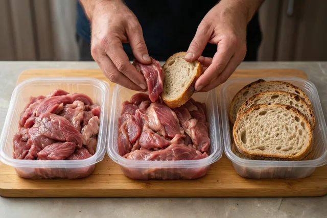 Handen leggen een snee brood op rauw vlees in een plastic bakje, naast twee andere bakjes met vlees en brood op een houten snijplank.