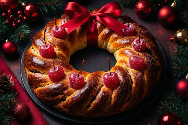 Een goudbruine broodkrans met gekonfijte kersen en een rood lint ligt op een donker bord tussen dennentakken en rode kerstversiering.