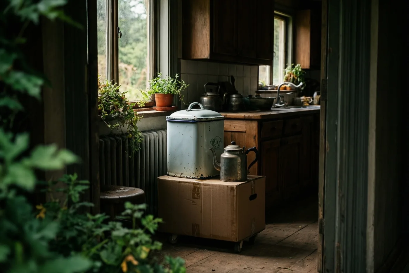 Een oude geëmailleerde broodtrommel en een tinnen koffiepot staan op een kartonnen verhuisdoos in een landelijke keuken met hout, tegels en groene planten bij het raam.