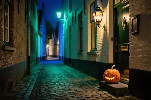 Een smalle kasseiensteeg in Brugge wordt 's nachts verlicht door één wandlantaarn en een uitgesneden pompoen op een drempel, met warm geel licht tegenover koele blauwe en groene tinten op de gebouwen.