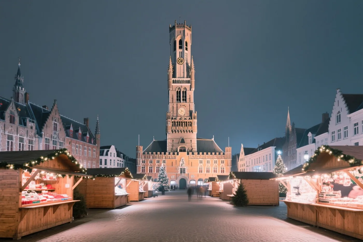 Een Brugse kerstmarkt met houten kraampjes, lichtjes en slingers ligt voor het verlichte Belfort onder een donkerblauwe schemerhemel.