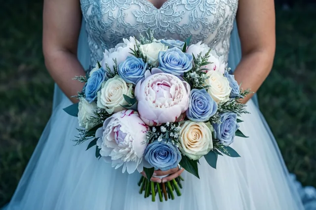 Een bruid in een lichtblauwe kanten jurk houdt buiten een boeket blauwe, witte en roze rozen en pioenrozen vast tegen een onscherpe groene achtergrond.