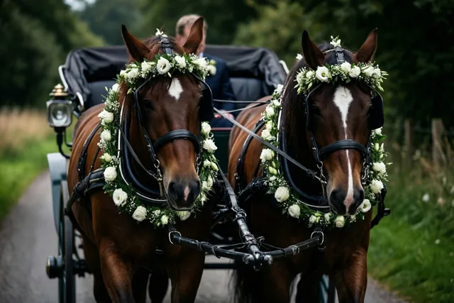 Twee bruine paarden met witte bloemenslingers trekken een koets met een zichtbare bruidegom over een landweg in een groene omgeving.