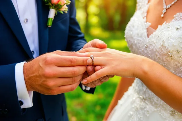 Een close-up toont hoe een bruidegom buiten een ring aan de vinger van de bruid schuift, tegen een onscherpe groene achtergrond met witte en donkerblauwe tinten.