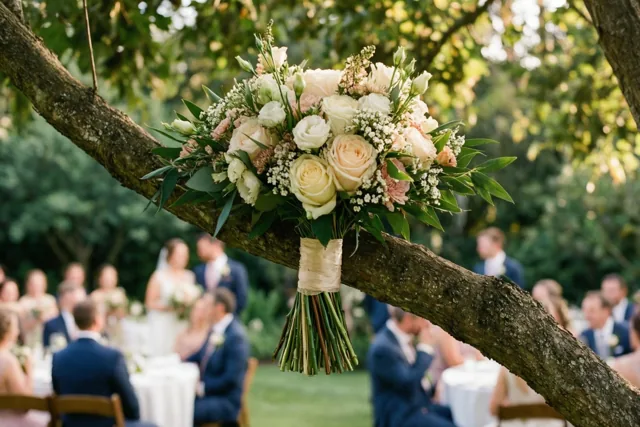 Een bruidsboeket met witte en perzikkleurige rozen en groen is aan een boomtak vastgebonden boven een onscherpe trouwreceptie in een tuin met zacht daglicht.