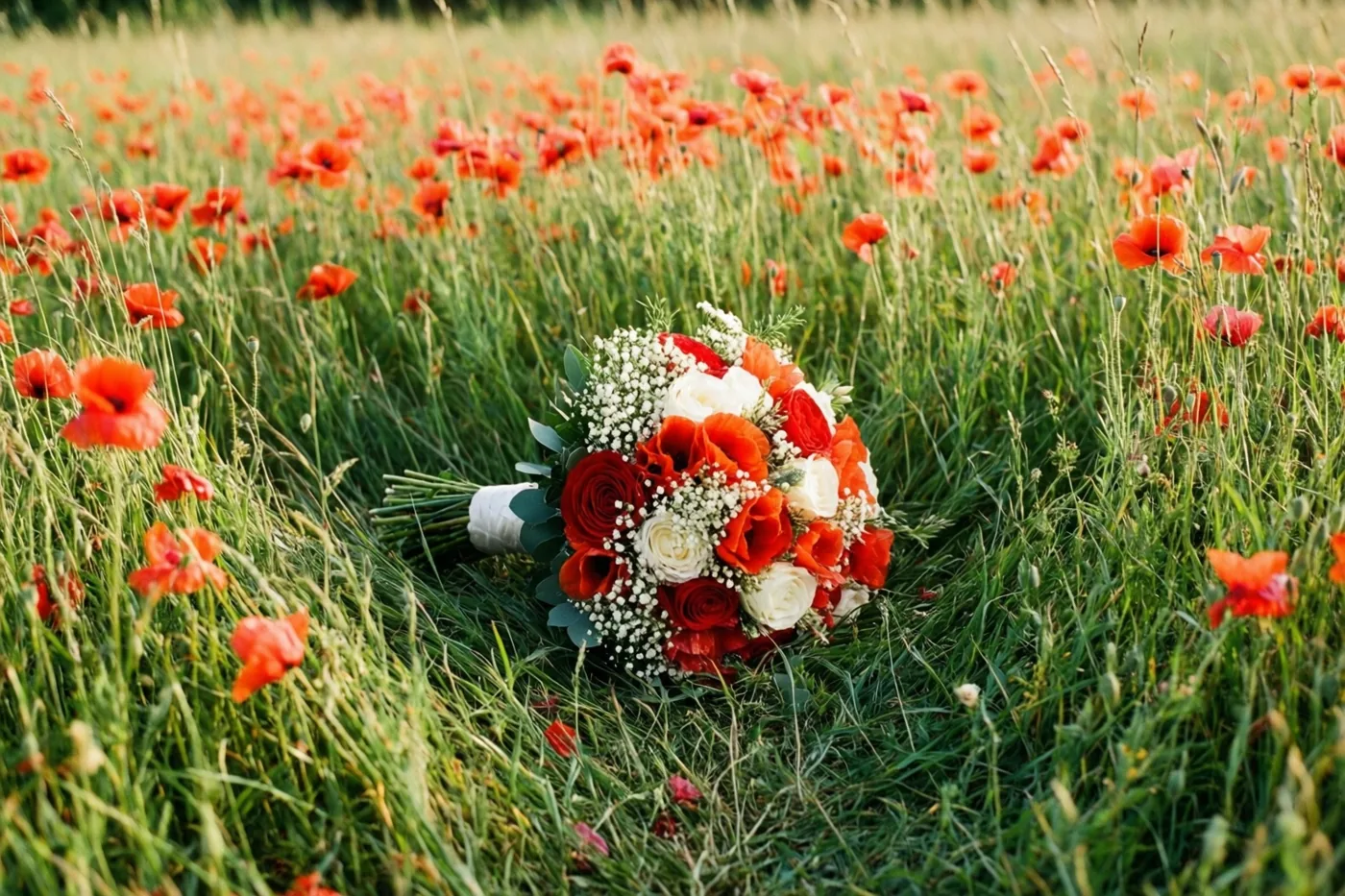 Een bruidsboeket met rode en witte bloemen ligt in groen gras tussen rode klaprozen in warm natuurlijk zonlicht.