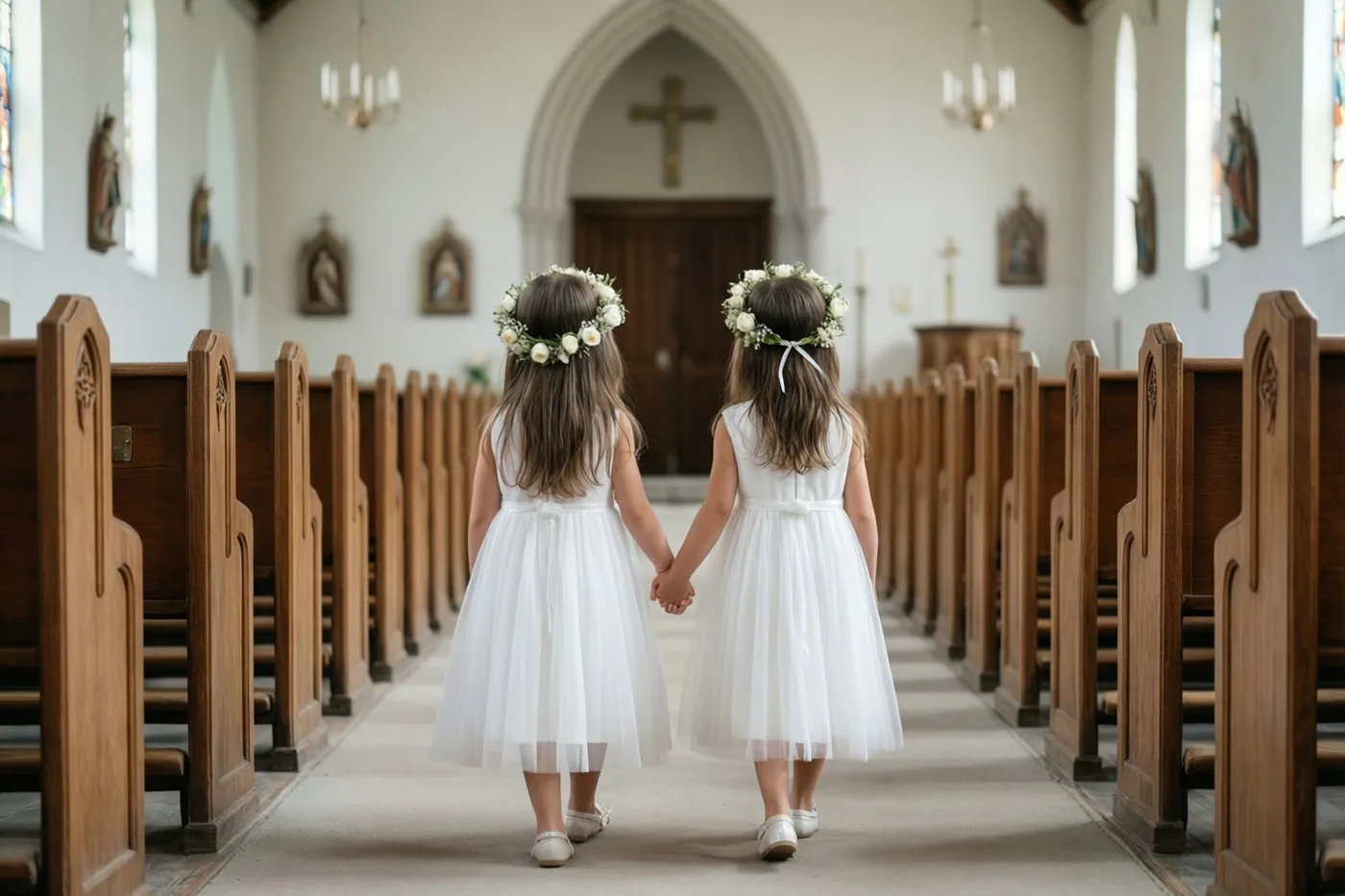 Twee kleine meisjes in witte jurken en bloemenkransen lopen hand in hand door het gangpad van een lichte kerk met hout en beige tinten.