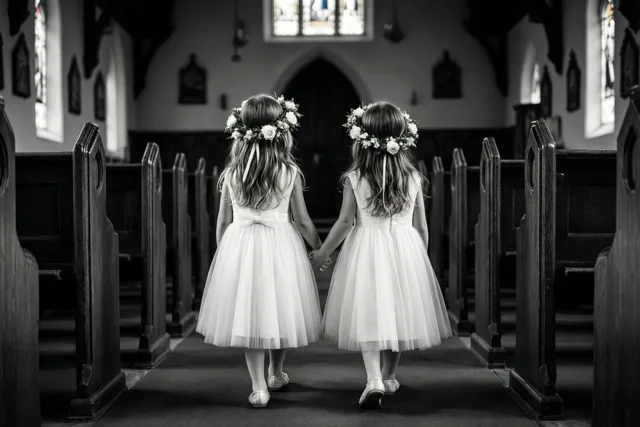 Op een zwart-witfoto lopen twee kleine meisjes in witte jurken en bloemenkransen hand in hand door het gangpad van een kerk, van achteren gezien.