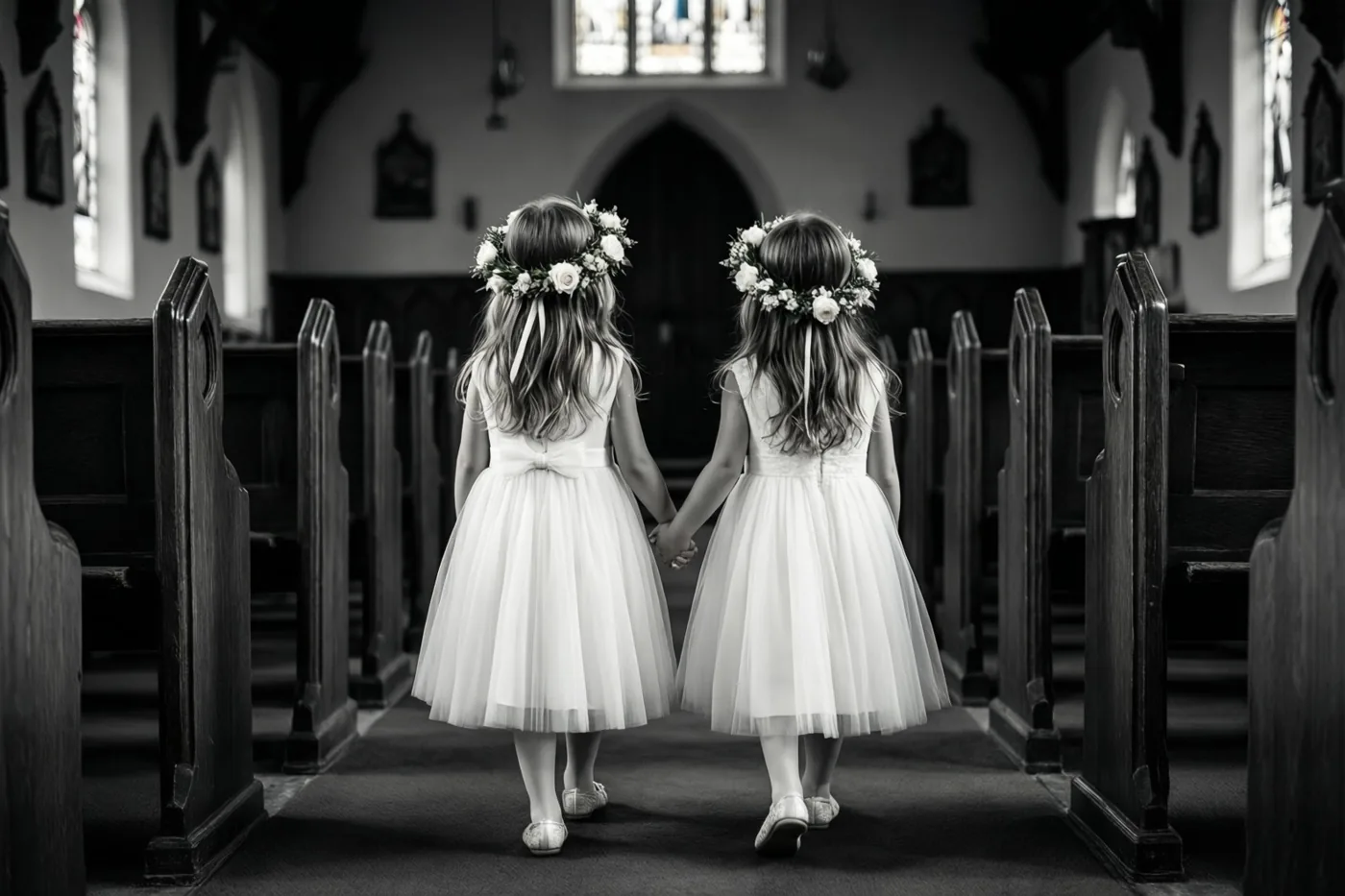 Op een zwart-witfoto lopen twee kleine meisjes in witte jurken en bloemenkransen hand in hand door het gangpad van een kerk, van achteren gezien.