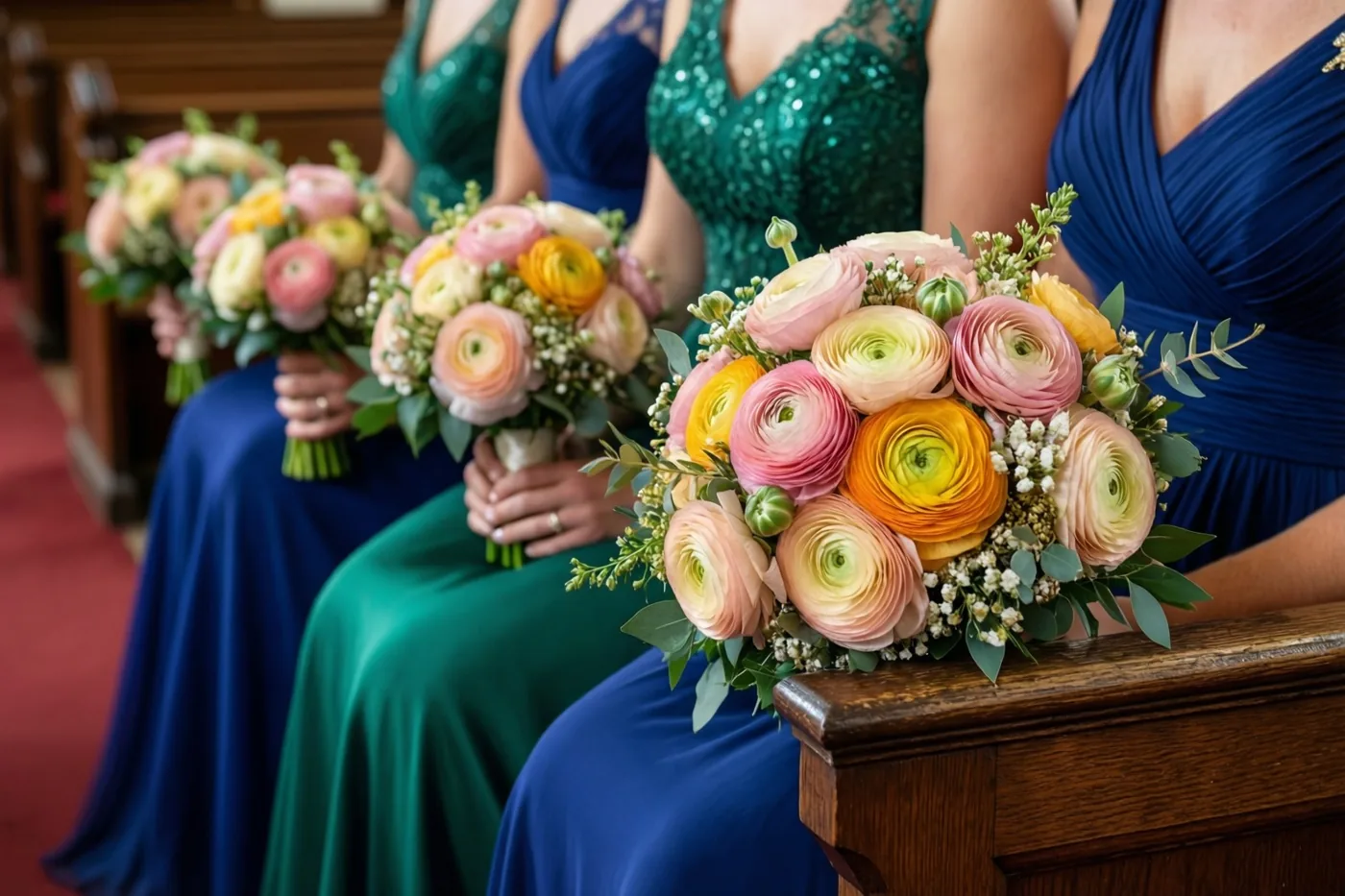 Bruidsmeisjes in blauwe en groene jurken zitten met boeketten pastelkleurige ranonkels op een houten bank in een kerk met rood tapijt.