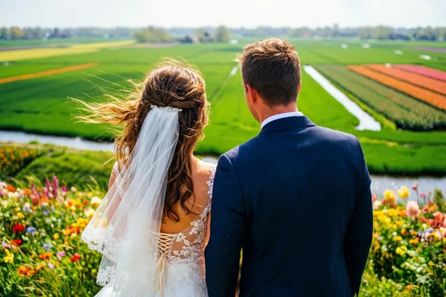 Een bruid en bruidegom staan met hun rug naar de kijker voor groene polders en kleurrijke bloemenvelden, terwijl de sluier van de bruid waait in het zonnige landschap.