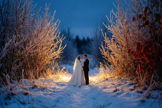 Een bruid in een witte cape en een bruidegom staan dicht bij elkaar in een sneeuwlandschap tussen berijpte bomen in warm goudkleurig licht onder een diepblauwe schemerhemel.