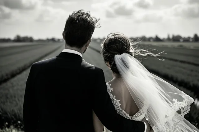 Een zwart-witfoto toont een bruid en bruidegom die met hun rug naar de kijker door een polderveld wandelen, met de bruidssluier wapperend in de wind.