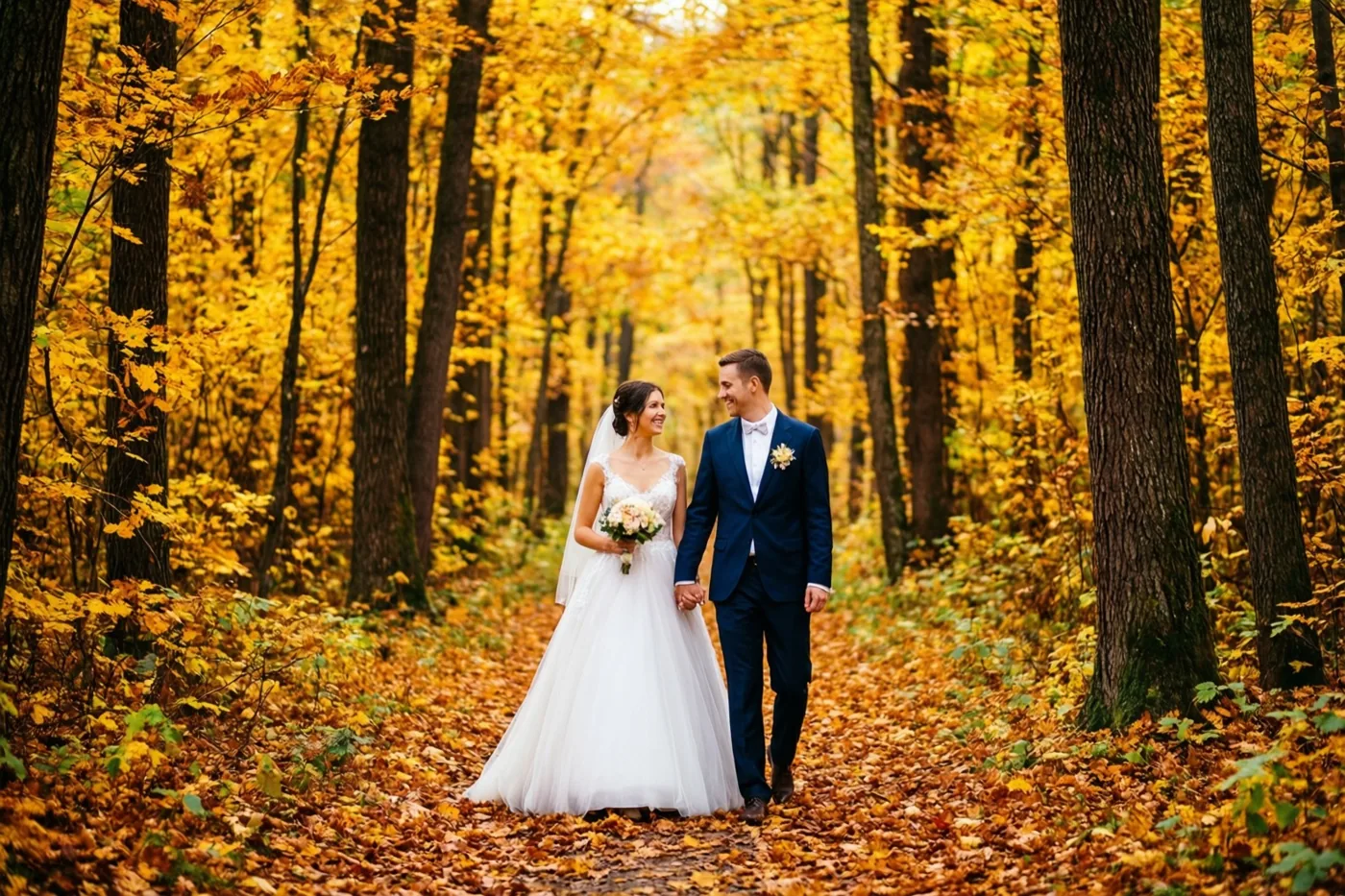 Een bruid in een witte jurk en een bruidegom in een donker pak lopen hand in hand over een bospad met gouden herfstbladeren in warme gele en oranje tinten.