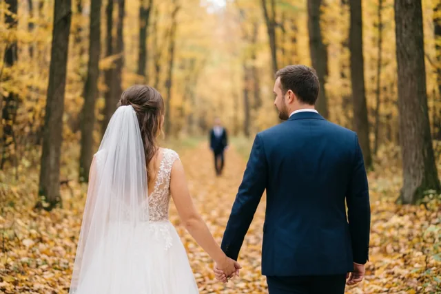 Een bruid en bruidegom lopen hand in hand over een bospad vol gouden herfstbladeren tussen hoge bomen in warm goudkleurig licht.