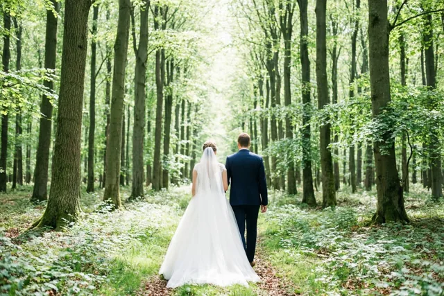 Een bruid in een witte jurk met sluier en een bruidegom in een donker pak lopen hand in hand van de kijker weg over een pad in een dicht beukenbos met gevlekt zonlicht.