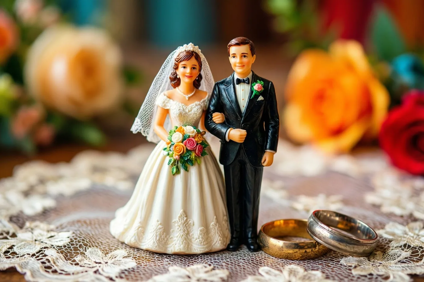 Een bruidspaarfiguurtje in retrostijl staat met twee oude trouwringen op een witte kanten doek, tegen een zacht vervaagde achtergrond van kleurrijke bloemen.