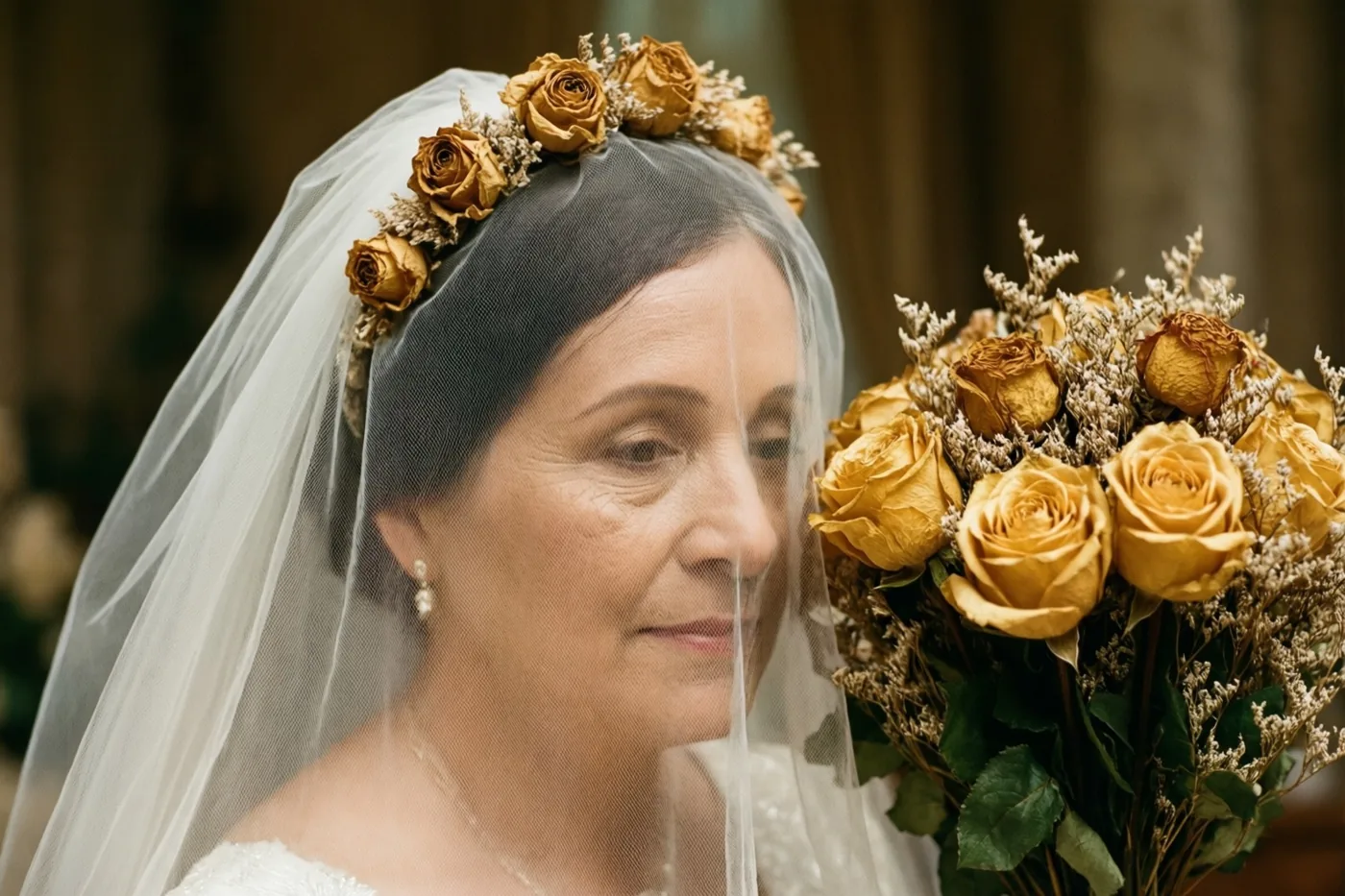 Een detailopname toont een vrouw met een bruidssluier versierd met gedroogde goudkleurige rozen, die een gedroogd bruidsboeket vasthoudt naast een vers boeket goudgele rozen.
