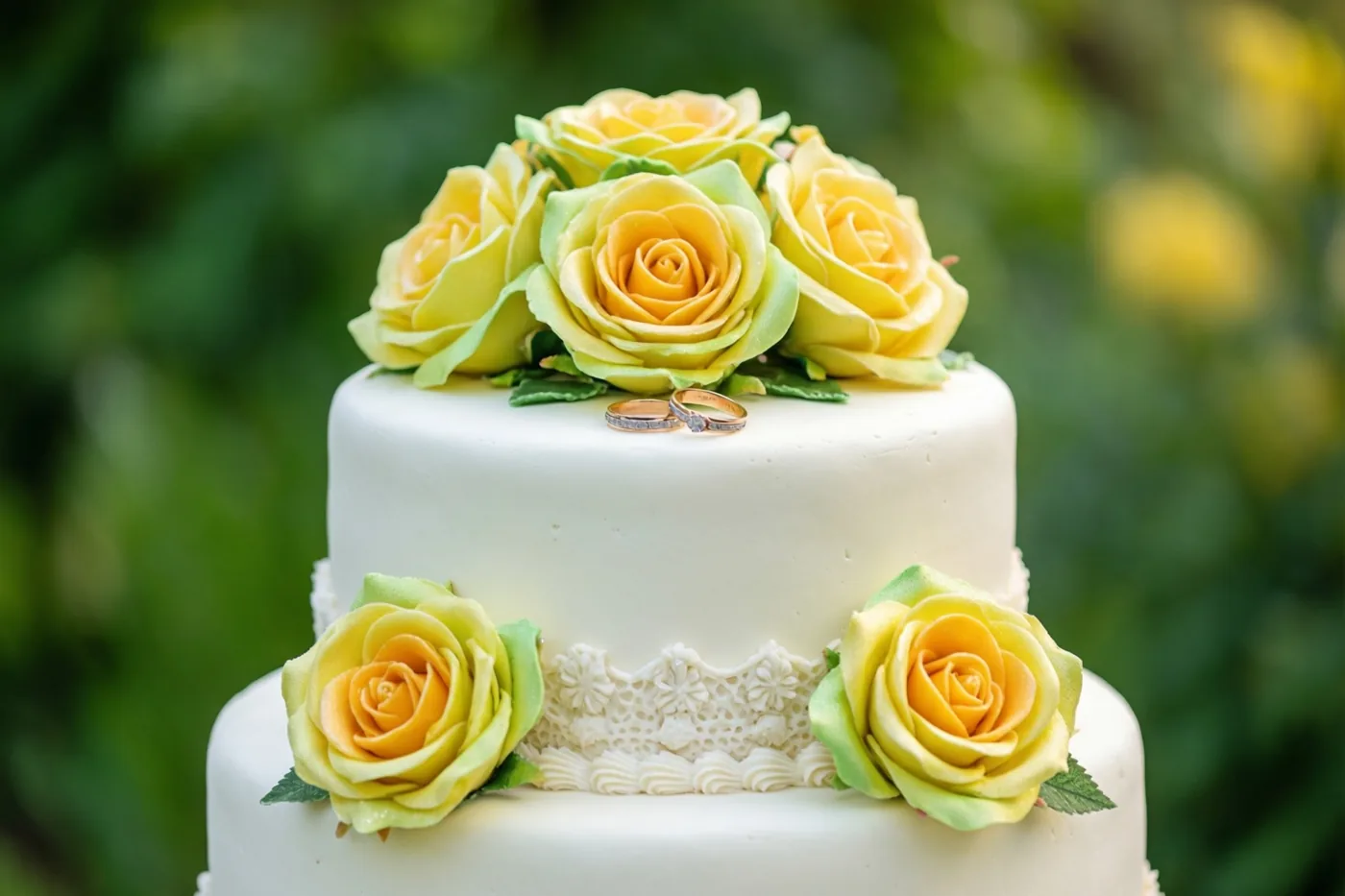 Een witte bruidstaart van twee lagen is versierd met gele suikerrozen en twee kleine ringen bovenop, tegen een onscherpe groene achtergrond.