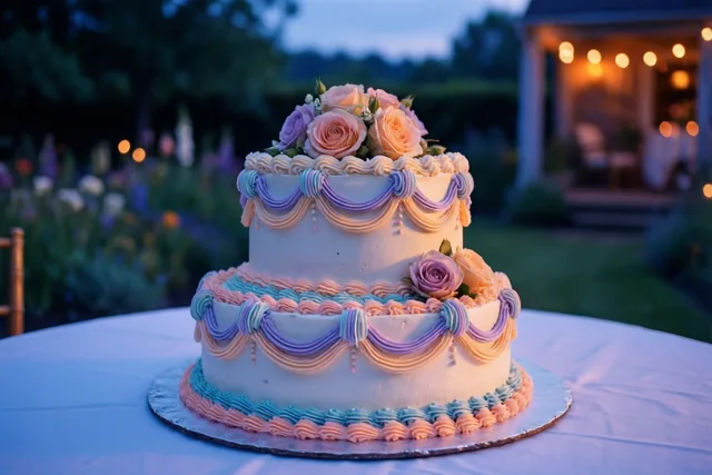 Een bruidstaart met twee lagen, pastelkleurig spuitwerk en verse rozen staat bij schemering op een wit tafelkleed in een tuin, met warme lichtslingers op de achtergrond.