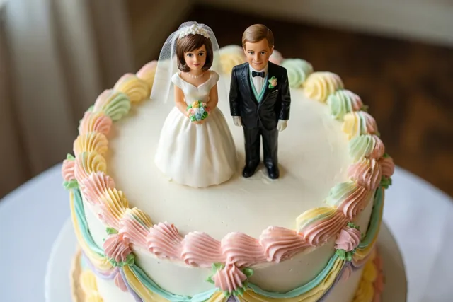 Een bruidstaart met roze, geel en mintgroen spuitwerk en een bruidspaar in miniatuur staat op een wit bord tegen een zacht vervaagde binnenruimte.