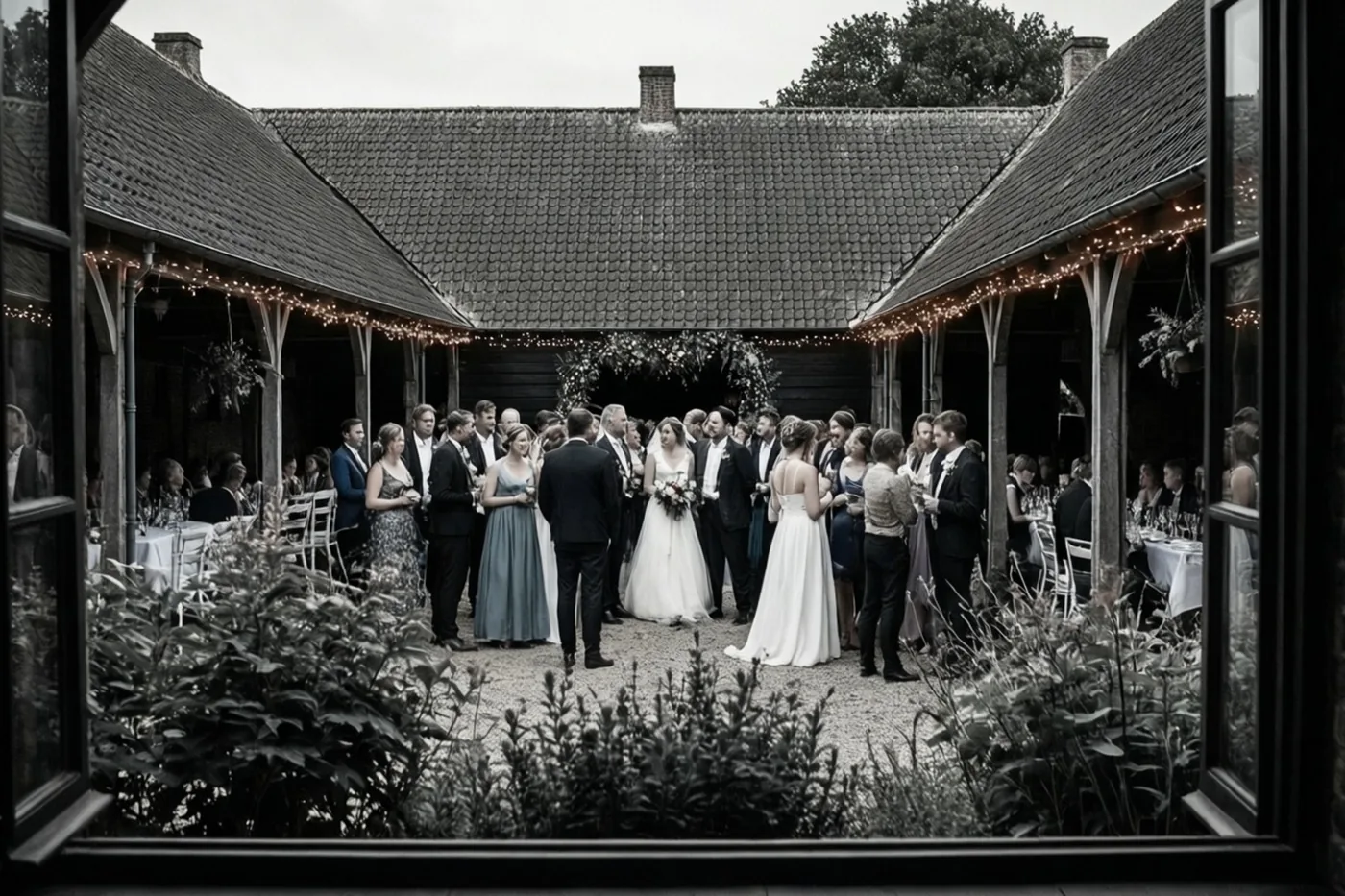 Door een raam is een bruiloftsgezelschap te zien op een landelijke binnenplaats, met lichtslingers langs de houten balken van de omliggende gebouwen.