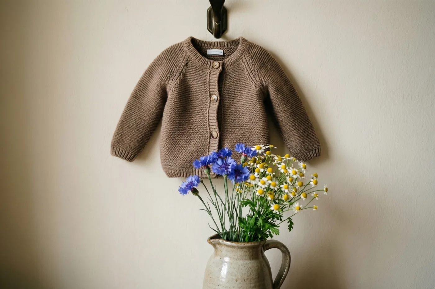 Een bruin gebreid babyvestje hangt aan een muurhaak boven een aardewerken kan met blauwe korenbloemen en witte kamille tegen een gebroken witte muur.