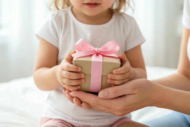Een jong kind in een wit hemd houdt een klein bruin cadeaudoosje met een roze lint voor de handen van een volwassene, tegen een lichte neutrale achtergrond.
