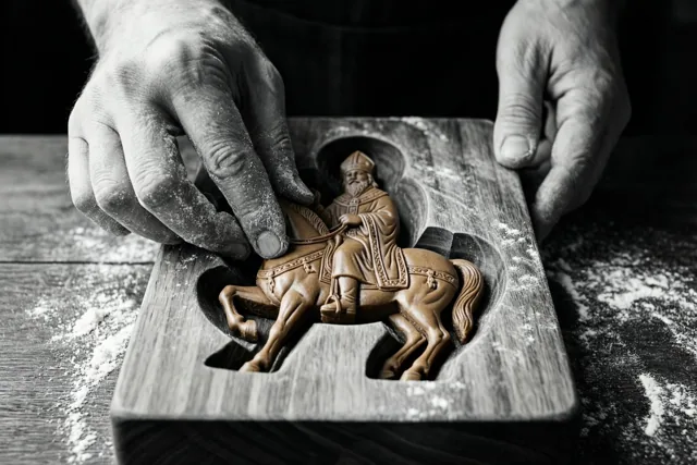 Twee handen drukken bruin deeg in een houten vorm van een bisschop te paard op een houten tafel met bloem.