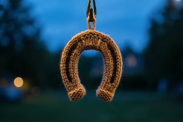 Een bruin gebreid hoefijzertje hangt aan een metalen haak tegen een onscherpe blauwe schemerachtergrond en wordt warm belicht.