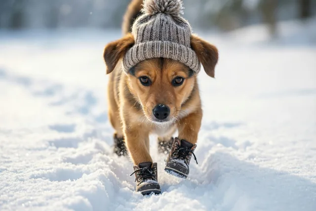 Een kleine bruine hond met een gebreide muts en kleine laarsjes stapt door diepe sneeuw in een helder winterlandschap.