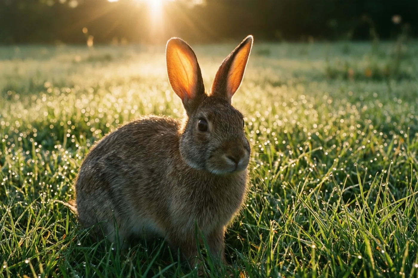 Een bruin konijn zit in een veld met bedauwd gras, van achteren verlicht door de opkomende zon.
