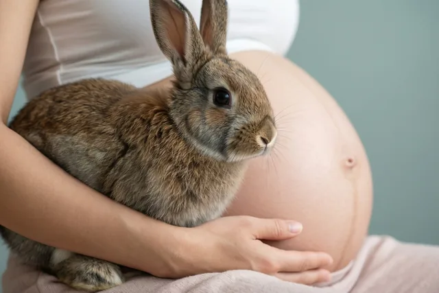 Een bruin konijn zit rustig op de schoot van een zwangere vrouw met haar hand op haar ronde buik, in zacht licht tegen een gedempte achtergrond.