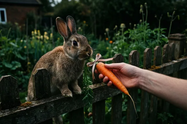 Een bruin konijn zit op een verweerd houten hek in een groene tuin en neemt voorzichtig een wortel met een roze lint uit een hand aan.