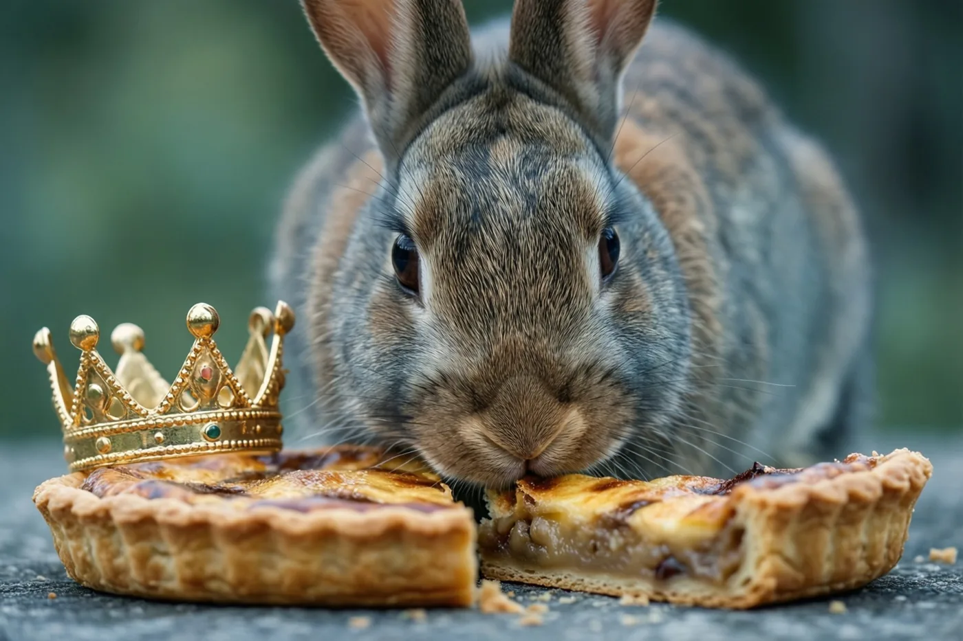 Een bruin konijn snuffelt van dichtbij aan een stuk goudbruine taart op een donker oppervlak, naast een kleine gouden kroon en tegen een onscherpe groene achtergrond.