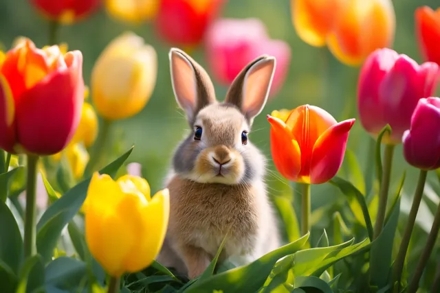 Een klein bruin konijn zit tussen kleurrijke tulpen in een zonnige tuin met een zacht vervaagde achtergrond.