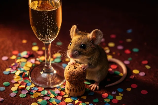 Een klein bruin muisje zit op een champagnekurk naast een glas mousserende wijn, met kleurrijke confetti op een donkere ondergrond in warm licht.