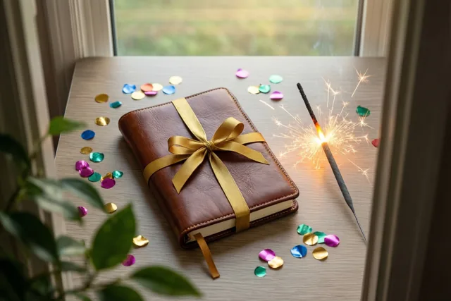 Een bruin leren notitieboek met een gouden lint ligt op een houten bureau naast een brandend sterretje en kleurrijke confetti, in zacht ochtendlicht vanuit een raam.