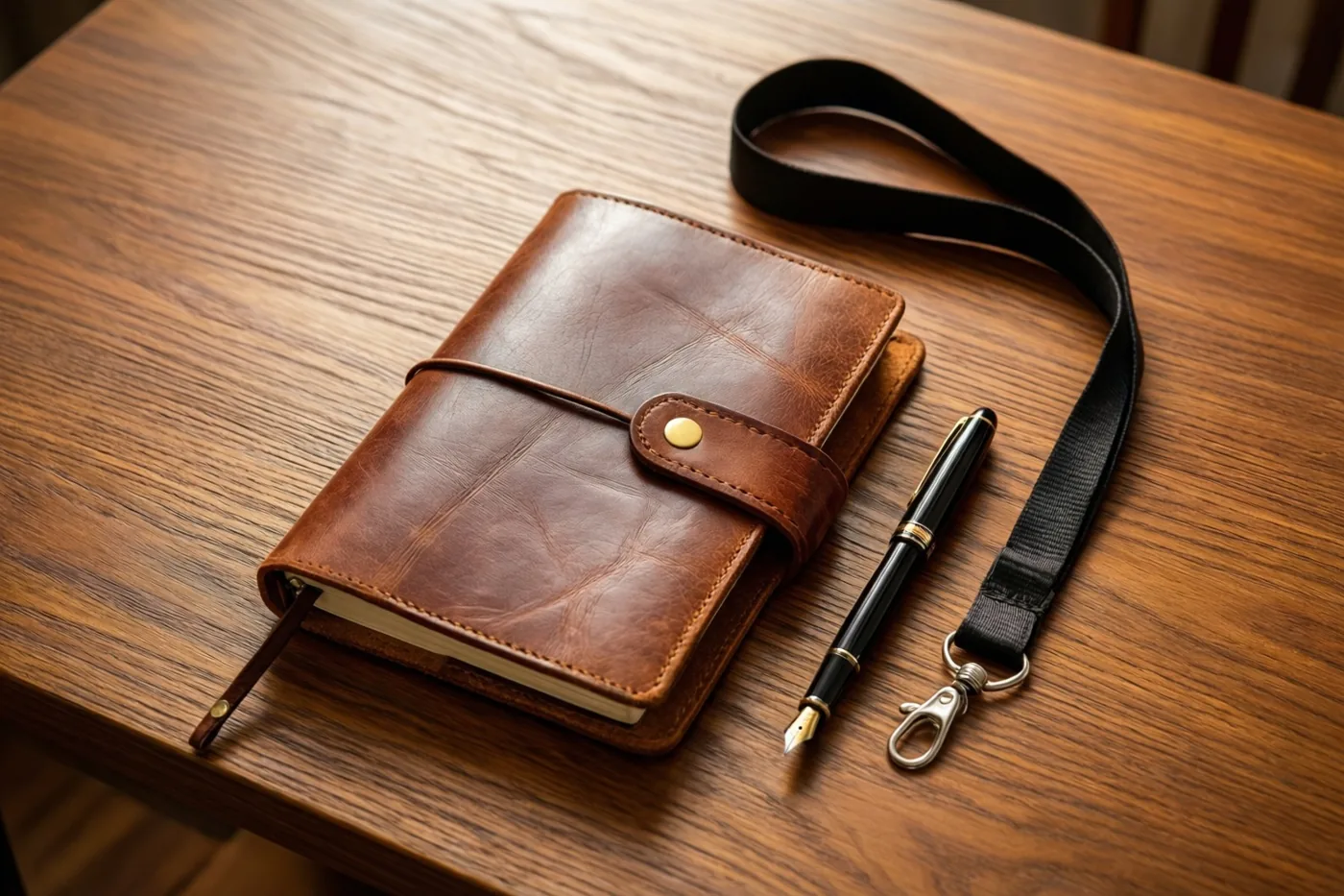 Een bruin leren notitieboek met een sluitband, een zwarte vulpen en een onbedrukt zwart keycord liggen op een houten bureau in warme tinten.
